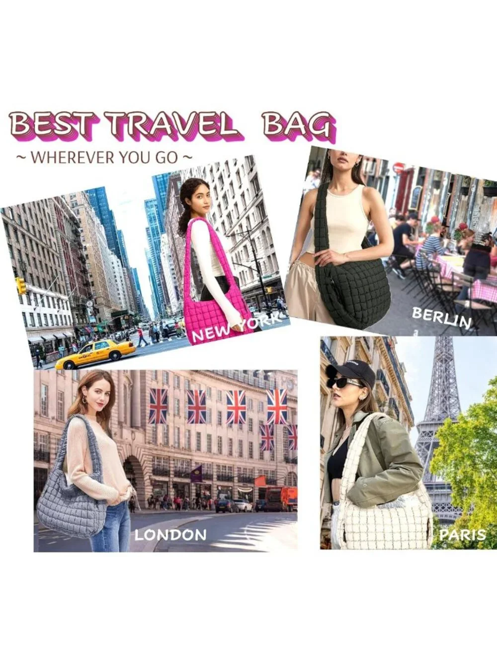 Lightweight Quilted Puffer Hobo Bag, Large Nylon Crossbody Tote with Zipper